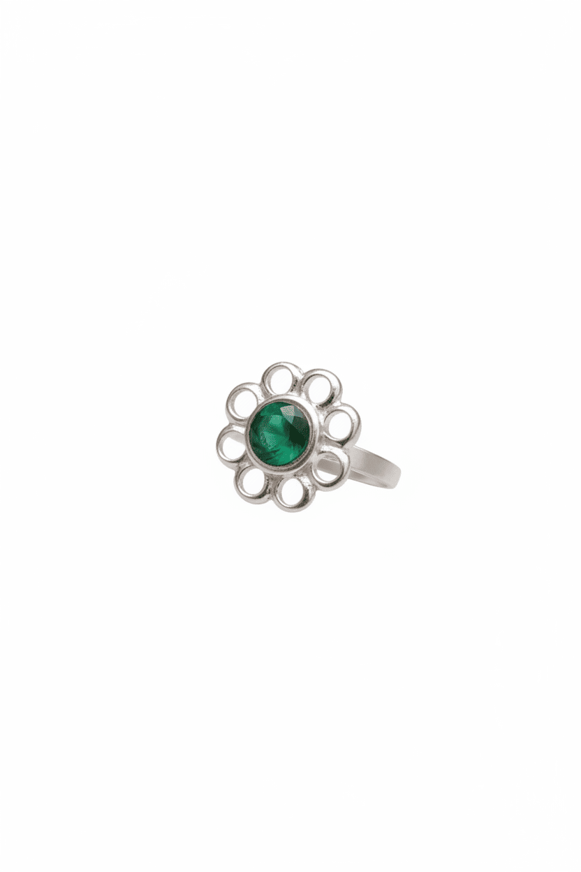 Hampton III Anel Prateado com Pedra Verde Esmeralda