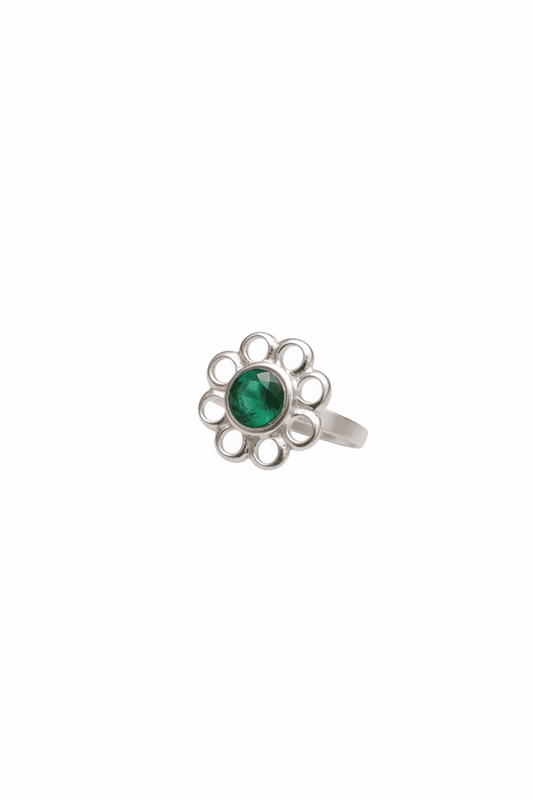 Hampton III Anel Prateado com Pedra Verde Esmeralda