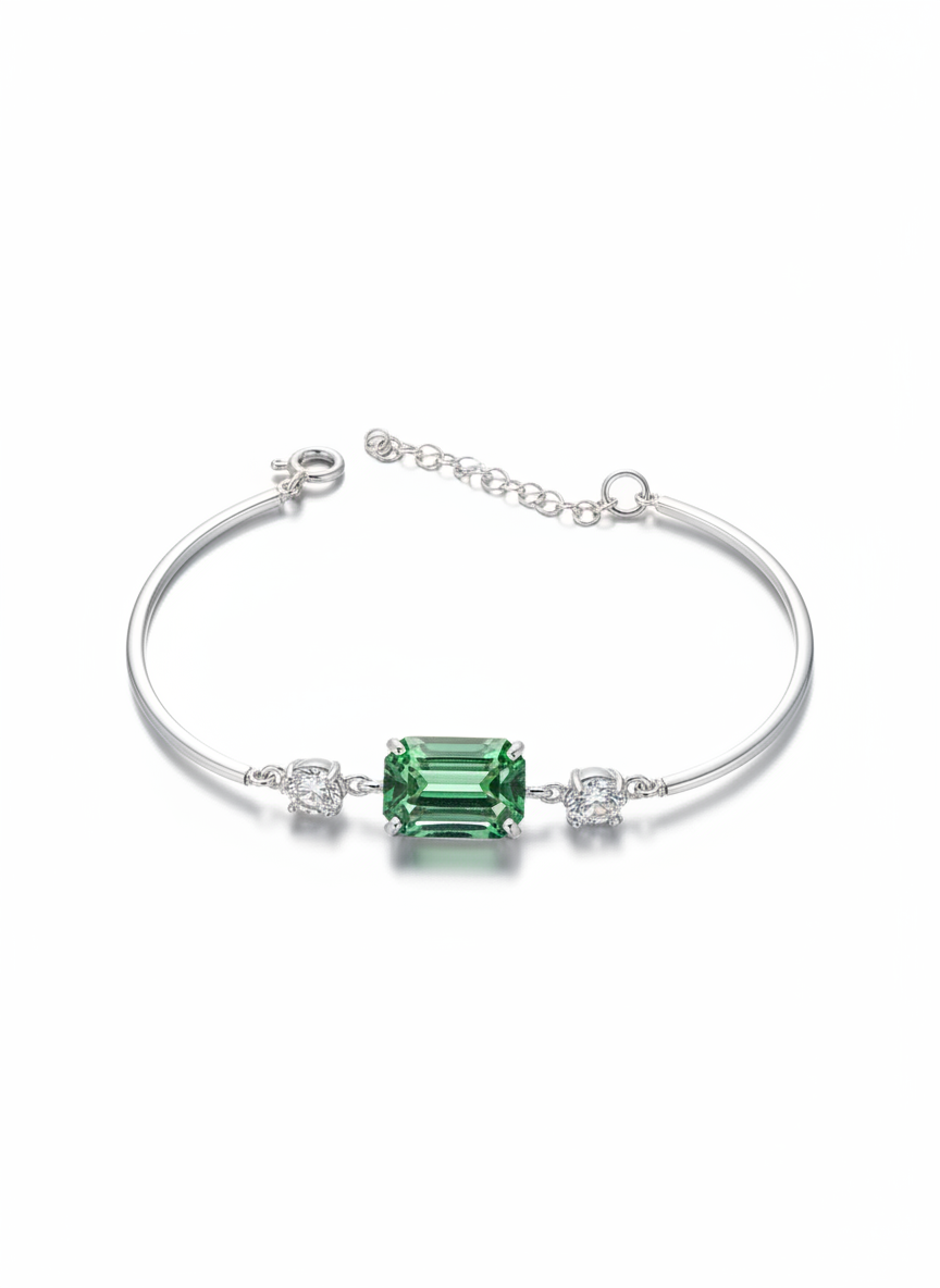 Anne IV Bracelete Prateada com Pedra Verde