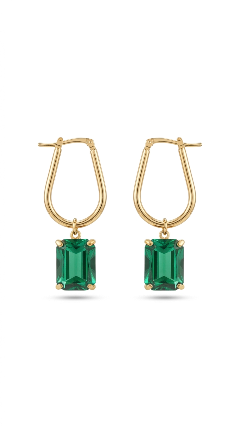 Bella II Brincos Banhados em Ouro com Pedra Verde Esmeralda